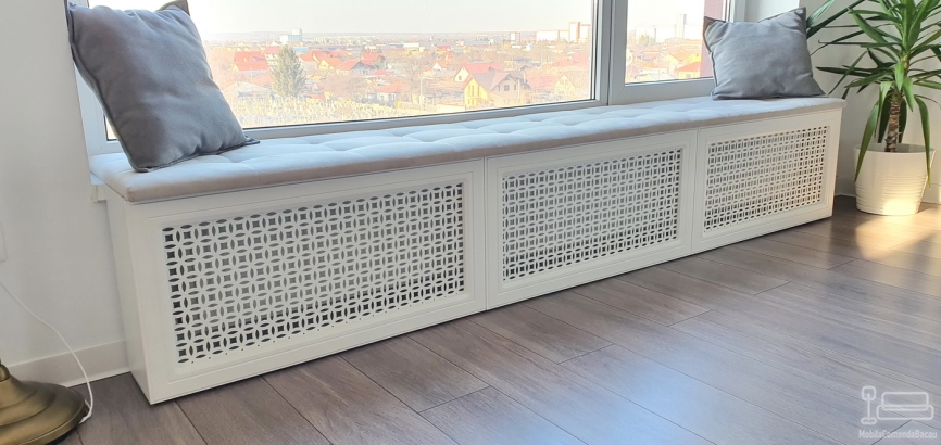 Mască de calorifer din MDF vopsit cu șezut tapițat – soluție 2-în-1 pentru confort și design, Bacău