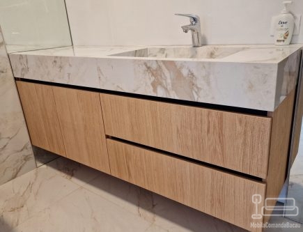 Mobilier de baie MDF furniruit, cu sertare Blum soft-close și blat cu lavoar integrat