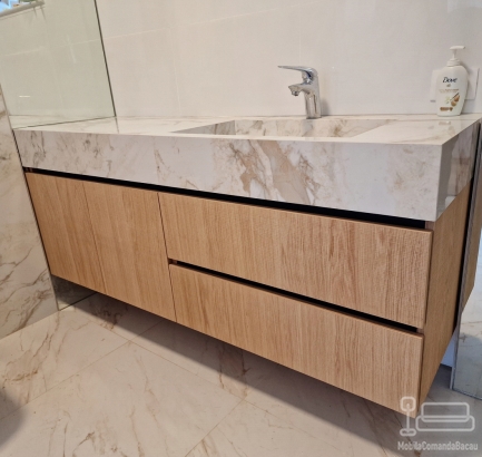 Mobilier de baie MDF furniruit, cu sertare Blum soft-close și blat cu lavoar integrat