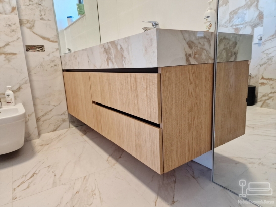 Mobilier de baie MDF furniruit, cu sertare Blum soft-close și blat cu lavoar integrat