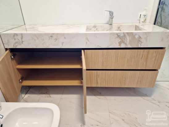 Mobilier de baie MDF furniruit, cu sertare Blum soft-close și blat cu lavoar integrat