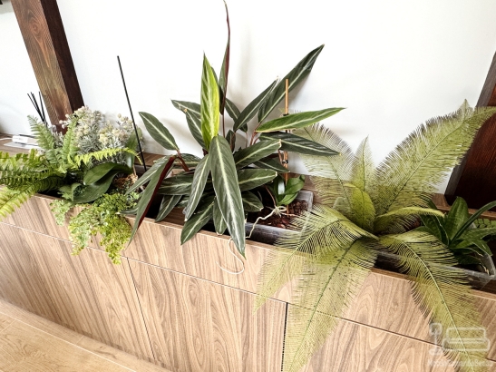 Mobilier pentru terasă din PAL și MDF vopsit, cu jardiniere și corp pentru frigider