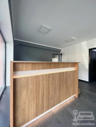 Mobilier recepție din PAL cu detalii PVC și iluminat profesional Häfele
