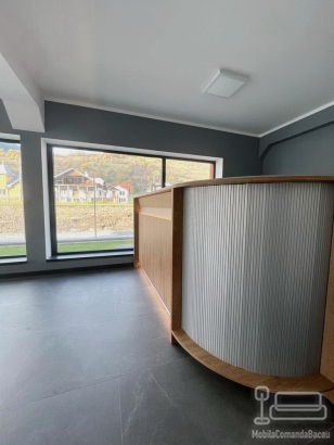 Mobilier recepție din PAL cu detalii PVC și iluminat profesional Häfele