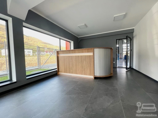 Mobilier recepție din PAL cu detalii PVC și iluminat profesional Häfele