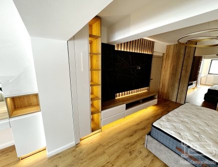 Dormitor matrimonial complet – pat tapițat cu ladă, masă de machiaj & dressing cu iluminare LED