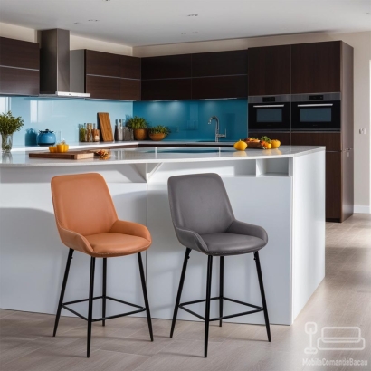 Scaun bar, suport picioare, piele ecologica, gri, ABS 146