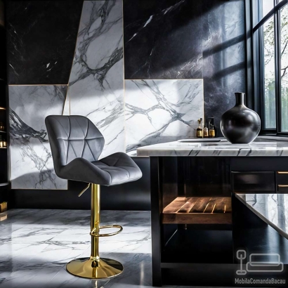 Scaun bar reglabil pe înălțime, rotativ, suport picioare, catifea, gri, ABS 148