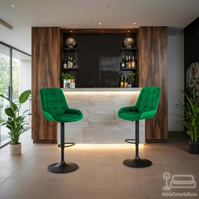 Scaun bar tapițat, înălțime reglabilă, rotativ, suport picioare, catifea, verde, ABS 145