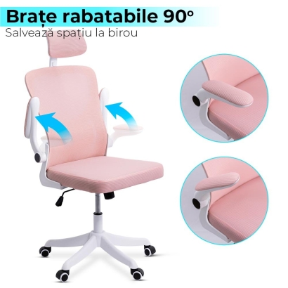 Scaun de birou ergonomic cu spatar inalt, suport lombar si cotiere rabatabile OFF 336 roz