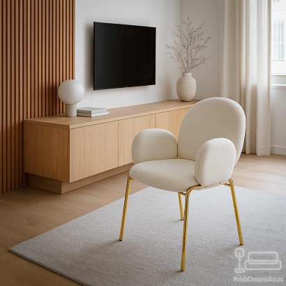 Scaun dining crem cu tapiterie boucle si cadru metalic auriu BUC 282