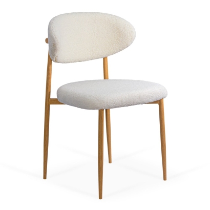 Scaun dining crem din material boucle cu cadru metalic cu aspect lemnos BUC 283