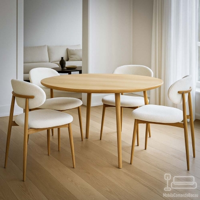 Scaun dining crem din material boucle cu cadru metalic cu aspect lemnos BUC 283