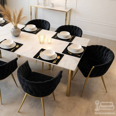 Scaun dining negru BUC 261 din catifea cu design modern si picioare aurii