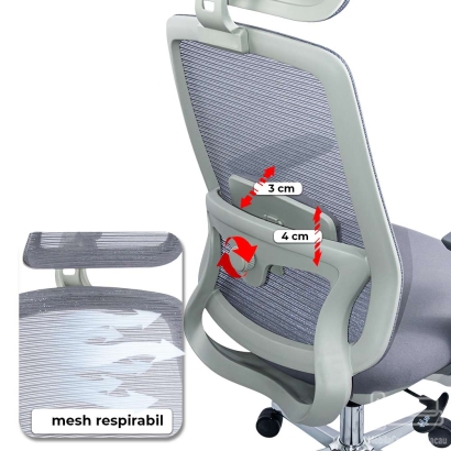 Scaun ergonomic de birou OFF 403 gri din mesh cu tetiera si suport lombar reglabile