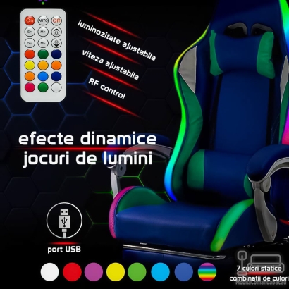 Scaun gaming ergonomic albastru din piele ecologică și bază albă cu iluminare RGB OFF 298