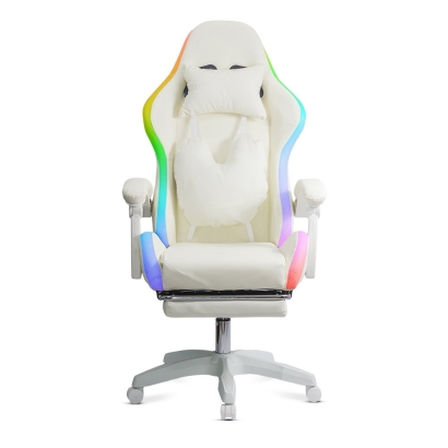 Scaun gaming ergonomic crem din piele ecologică cu suport de picioare si iluminare RGB OFF 298