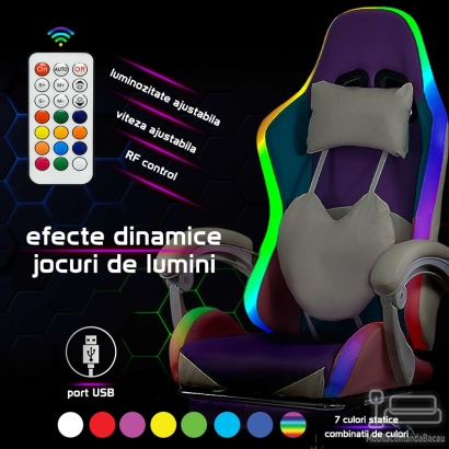 Scaun gaming mov si roz cu suport de picioare si banda LED RGB OFF 298