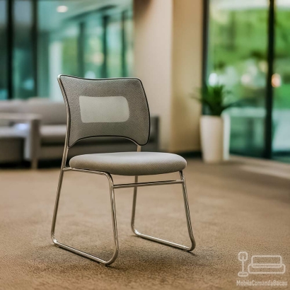 Scaun vizitatori gri deschis din mesh cu cadru metalic tip sanie, stabil HRC 613F