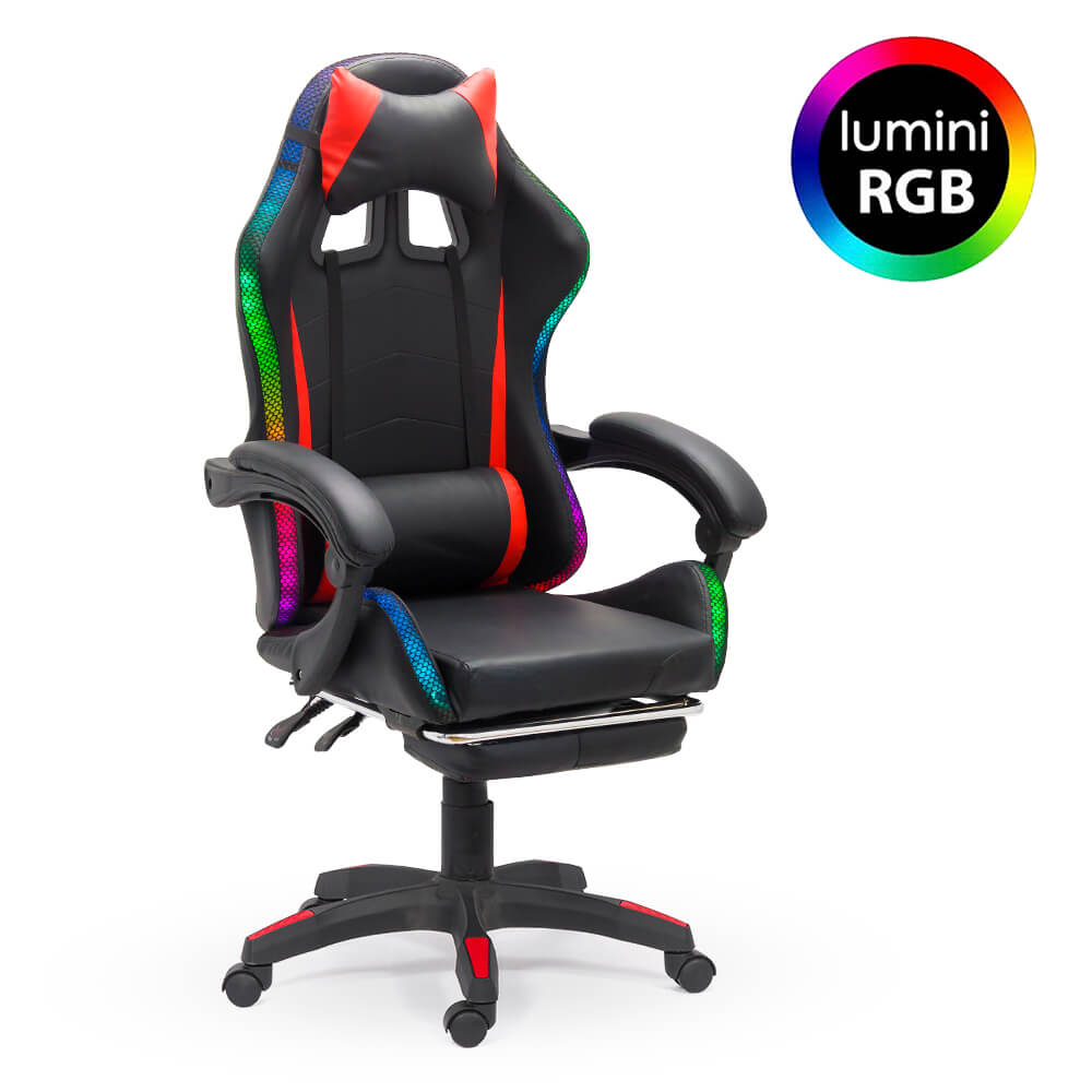 Scaun de gaming negru din piele ecologică cu lumini RGB OFF 303
