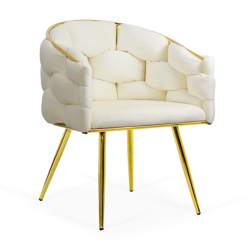 Scaun living crem din catifea cu cadru aurit și design împletit BUC 251