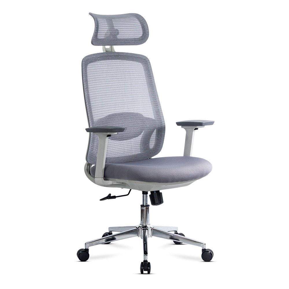 Scaun ergonomic de birou OFF 403 gri din mesh cu tetiera si suport lombar reglabile